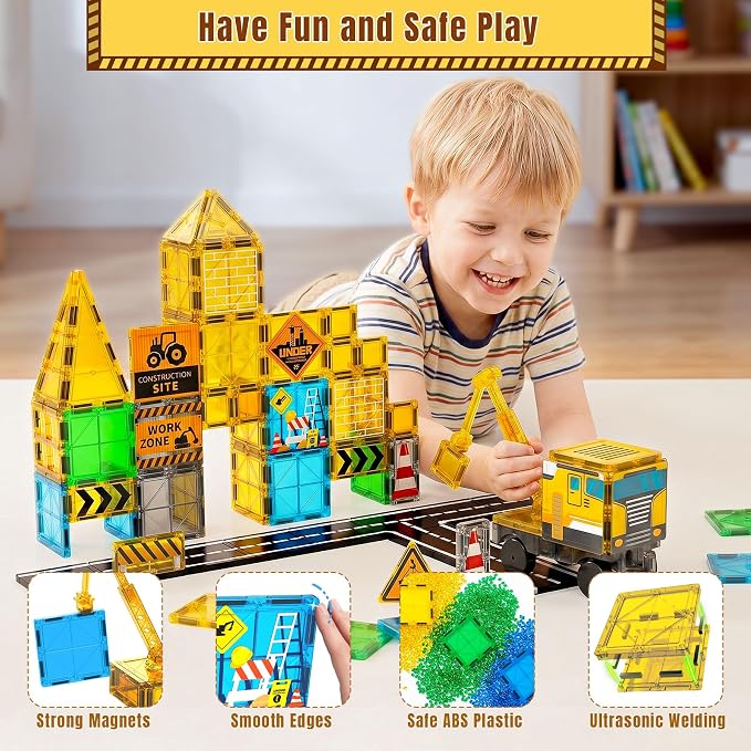 SKTMYY Magnetic Tiles for Kids, Construction Toys with Crane Road Truck Magnets Building Blocks Gifts for Kids Ages 3-5 4-8 Montessori Preschool Educational STEM Toy Gifts for 3+ Years Old Boys