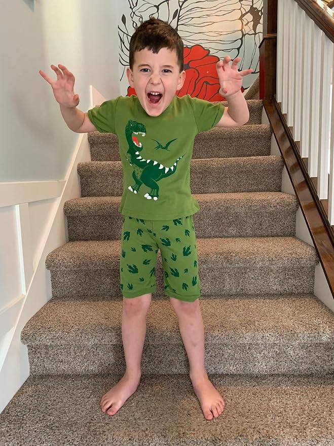 Popshion Little Boys 2 Piece Short Pajamas Train Shark Sleepwear 100% Cotton Toddler Dinosaur Pjs Summer Kids Clothes 2-7T