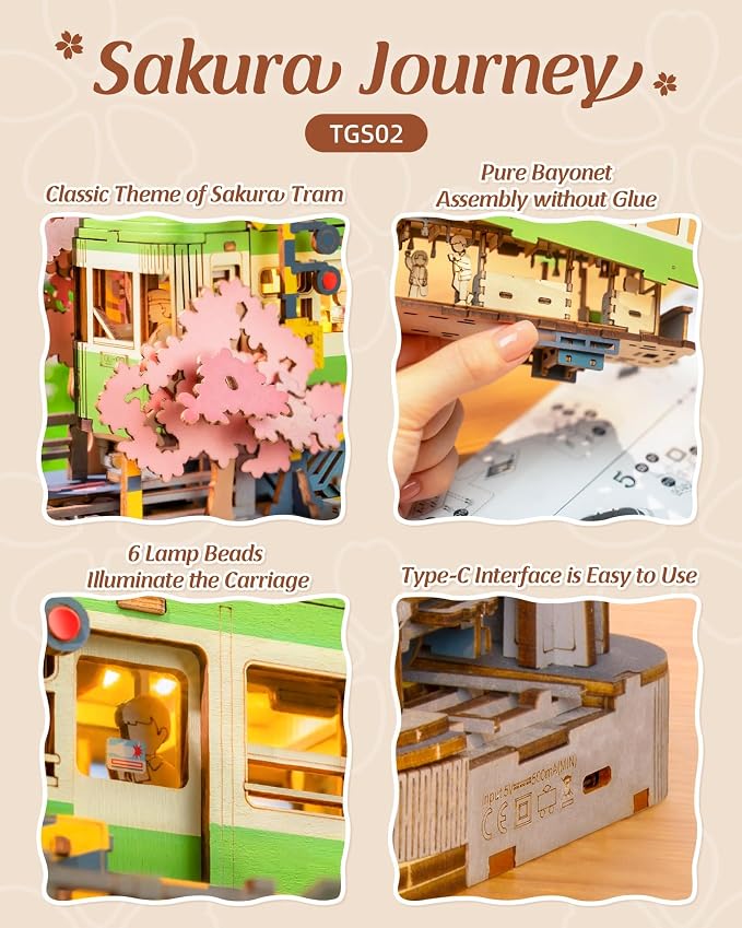 Rolife 3D Wooden Puzzle for Adults, Sakura Journey Tram DIY Model Building Kits with LED Lights, Creative Kids Craft Hobby Gift and Brain Teaser Home Decor Assembly Toy