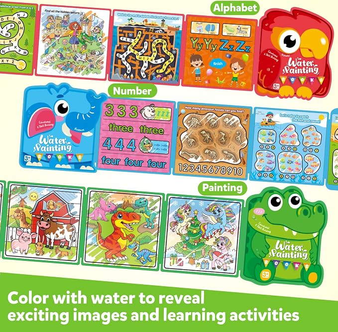 Coogam 3Pcs Water Coloring Book for 3 4 5 Year Old Toddler Kids | Reusable Magic Water Doodle Book with Water Pens, Mess-Free Pianting Book,Portable Educational Doodle Drawing Kits Gift Toy