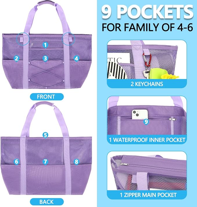 Fammart Mesh Beach Bag for Women, Large Beach Toy Pool Bag with Zipper Pocket, SandProof Cruise Essentials 2026 Family Travel