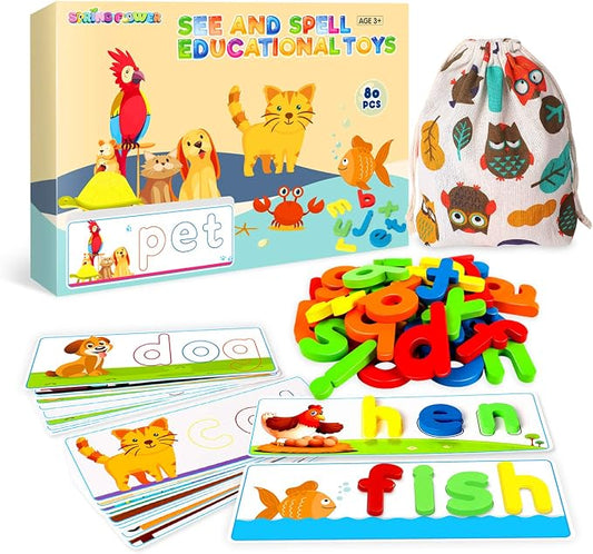 SpringFlower See & Spell Matching Letter Toy,Learning Educational Toy For 3 4 5 6 Years Old Boys And Girls,Preschool Learning Activities,Shape & Color Recognition Game,Cvc Word Builders For Kids,80Pcs