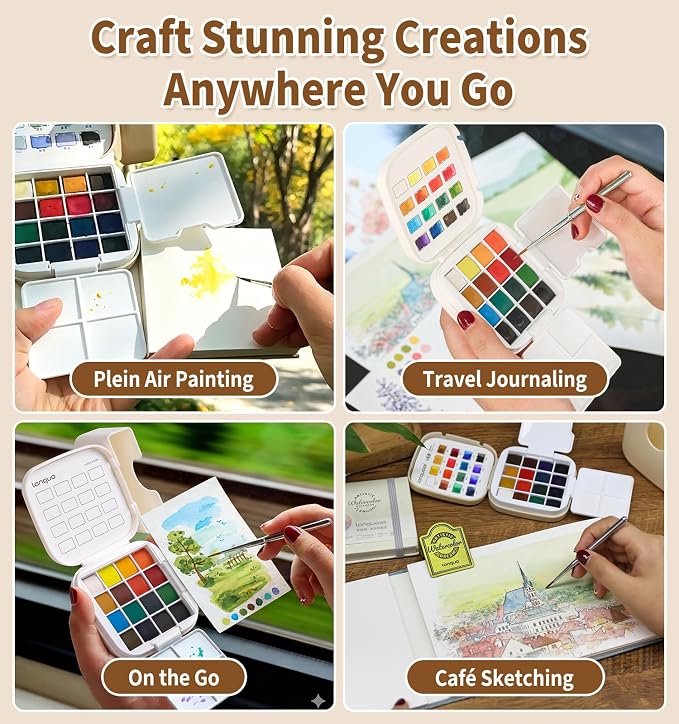 Mini Watercolor Paint Set, All in One Portable Art Kit with 16 Colors, Palette, Crossbody Bag, Sketchbook, Clip and Brush, Travel Watercolor Set for Beginners Artists Outdoor Painting