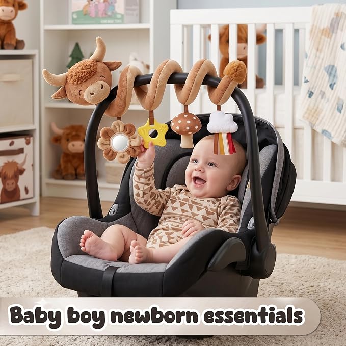 Stuffed Highland Cow Spiral Car Seat Toys for Babies 0-3-6-12 Months, Infant Stroller Toy with Mushroom Pendant & Star Teether Hanging, Cute Baby Registry Search & Shower Gifts for Newborns