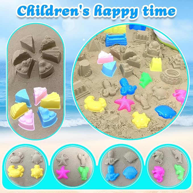 Collapsible Beach Toys for Kids, 38Pcs Sand Toys, 3 Foldable Buckets and Shovels Set with Mesh Bag，Sand Castle Building Kit, Travel Sandbox Toys, Beach Essentials for Kids Toddlers Boys Girls Age 3-10