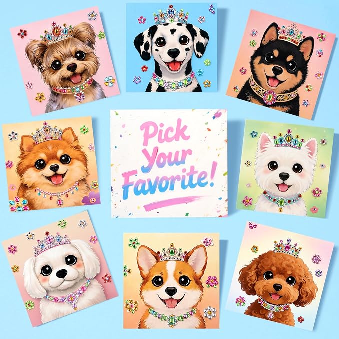 Marlrin Puppy Gem Crafts for Girls Ages 3-8, Dog Diamond Art Kit for Kids | 8 Pack Sticker Art, 1000+ Gems, Peel & Stick No Mess, Display Stand, Easy Crafts, Birthday & Christmas Gift for Girls