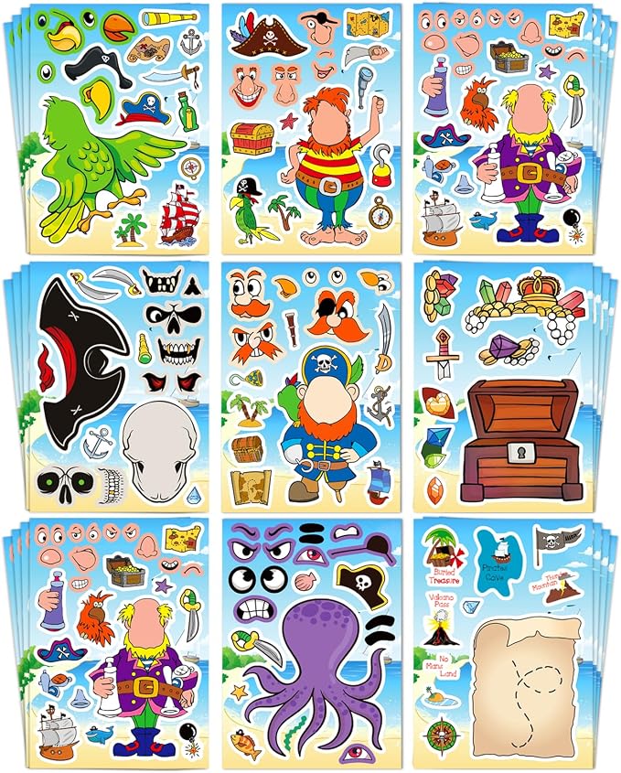Aowplc 32 Sheets Make Your Own Pirate Stickers for Kids – Pirate Party Favors, Birthday Party Supplies & Classroom Crafts