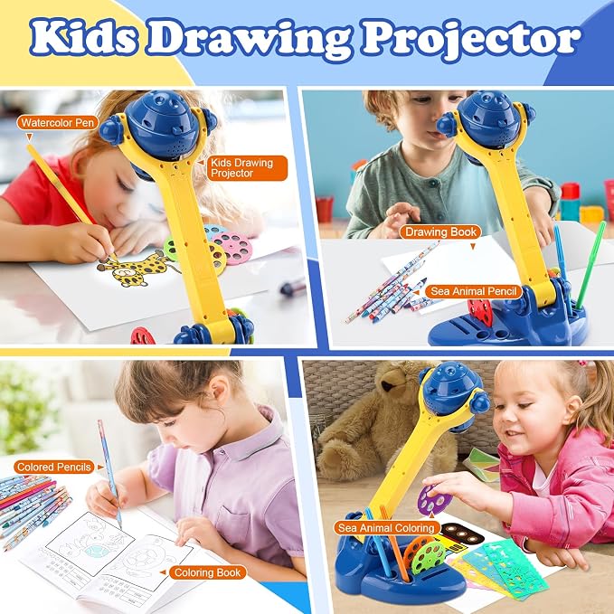 Sumsoltic Drawing Projector for Kids, Art and Craft Kit,Including Colored Pencils, Crayons, Coloring Books, Toys for 3+ Year Old Boys (Blue Drawing Kit v2)