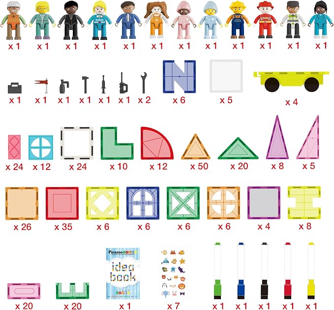 PicassoTiles Mega Magnetic Building Block 350 Piece Set Magnet Tile Construction Blocks with Car Base, Character Figures, Markers, Whiteboard, 110+ Page Ideabook Included for Ages 3 Up STEM Learning