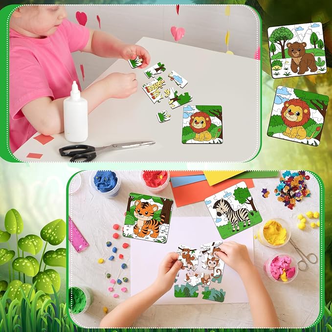 Realspring 24 Pack Wild Animal Color Your Own Jigsaw Puzzles for Kids 3-5, 4-6, 6-8, Coloring Crafts DIY Paper Puzzles Party Favors Gifts for Toddler Children Learning Education Toys