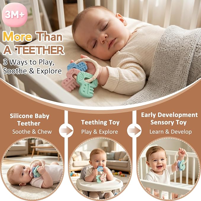 Baby Teething Toys Silicone Baby Keys Teether Over 3 Months - Sensory Chew Toys - Baby Teether for Teething Relief - BPA Free Infant Toys Baby Shower Gifts