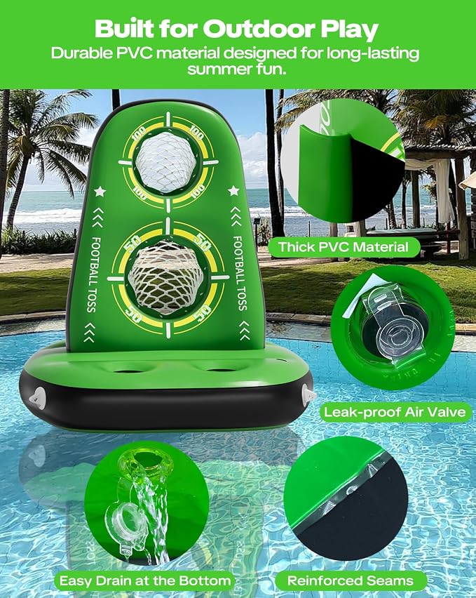 Inflatable Pool Football Toss Games, Water Football Target with 4 Balls & 2 Pumps, Stable Base & Dual Net Design, Outdoor Pool Toys for Kids & Adults