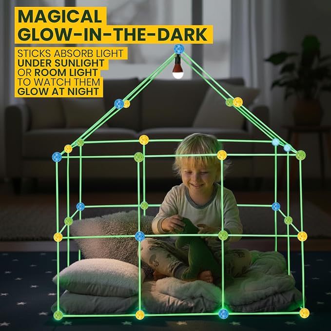 Fort Building Kit for Kids – 132 PCS Glow-in-the-Dark STEM Construction Toy with Starry Sheet & Light – Indoor Fort Builder for Boys & Girls Ages 3-8 – Creative Screen