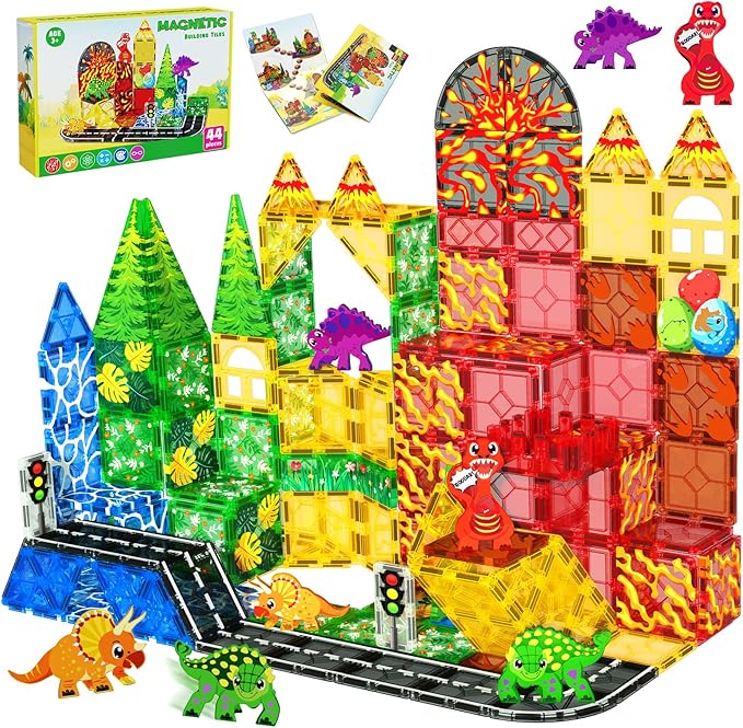 Magnetic Tiles with 4 Dinosaur Toys - Dino Magnet Tiles for Kids, Magnetic Building Blocks for Boys Girls Ages 3+, Sensory Toddler Creative Games Birthdays Gifts