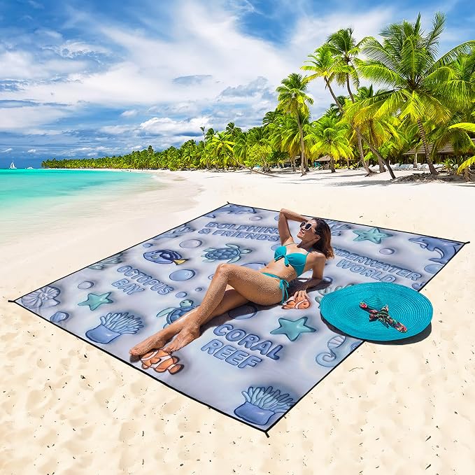 WIWIGO Beach Blanket Waterproof Sandproof Beach Mat 79" X 83"/10'x9'for 2-8 Adults Quick Drying Outdoor Picnic Mat Beach Accessories for Travel, Camping, Hiking