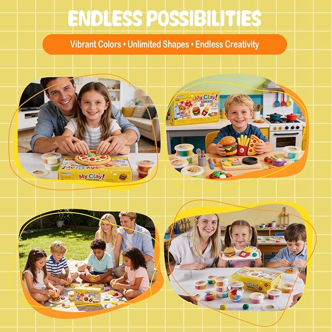Food Clay Kit for Kids – 12 Mini Food Themes: Pizza, Burger, Fries & More | Air Dry Modeling Set with Tools & Tutorials | Non-Sticky | Creative Gift for Boys Girls 3+