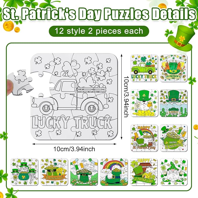 Realspring 24 Pack St Patricks Day Crafts for Kid Irish Coloring Jigsaw Puzzles St. Patrick's Day Activities Classroom Gifts Color Your Own Shamrock Irish Elf Hat Craft Puzzle for Party Favors