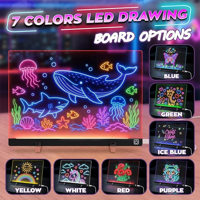 LED Drawing Board with USB-C Power – 16 Inch Acrylic Light Board for Tracing with Edge-Lit Color-Changing Glow, 7 LED Colors, 6 Light Modes – Plug-and-Play Kit with Markers, Stands, Gift Box (Black)