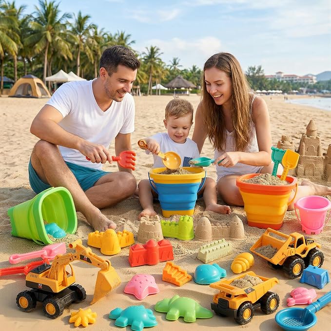 Beach Toys for Kids 35PCS Sand Toys with 3 Collapsible Bucket,3 Dump Truck,Beach Shovel,Sand Castle Building Kit,Ocean Molds,Dinosaur Sand Molds, 2 Mesh Bag,Toddler Beach Essentials for Kids 3-10