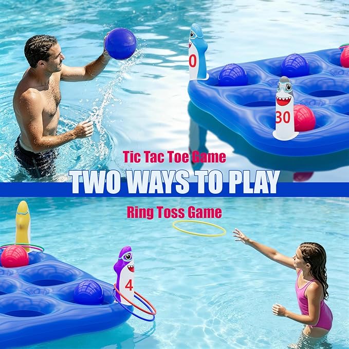 Shark Pool Toys Games Set, 2-in-1 Giant Inflatable Tic Tac Toe Float Game & Ring Toss Game with 10 Balls & 6 Rings, Outdoor Summer Fun Beach Yard Swimming Pool Games for Adults Teens Kids 6+