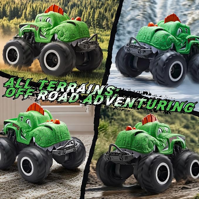 Amphibious Remote Control Car, 1:20 Waterproof Dinosaur Monster Trucks for Boys Age 4-7, 2.4GHz All Terrain RC Cars with 2 Batteries, 360° Rotating Stunt RC Car Toy Birthday Gift for Kids 3-5