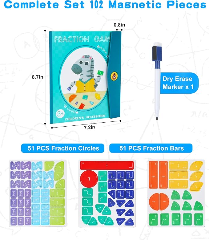 Magnetic Fraction Demonstration Book, 102 Pcs Magnetic Fraction Tiles & Circles Set for Kids, Fraction Manipulatives Montessori Math Games for Elementary School