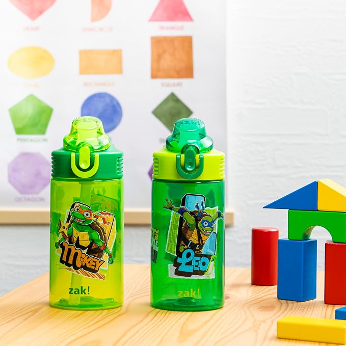 Zak Designs TMNT Sage Kids Water Bottle For School or Travel, 16oz Durable Plastic Water Bottle With Straw, Handle, and Leak-Proof, Pop-Up Spout Cover, 2-Pack Set (Teenage Mutant Ninja Turtles)