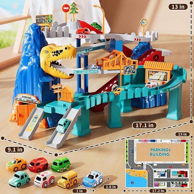 MSKOLER Dinosaur Race Car Tracks for Toddlers 3-4 Years, Dinosaur Climbing Hills Railcar, Toy Car Track Play Set with 7 Small Race Cars, Preschool Birthday Gifts for 3 4 5 6 7 8 Year Old Boys Girls