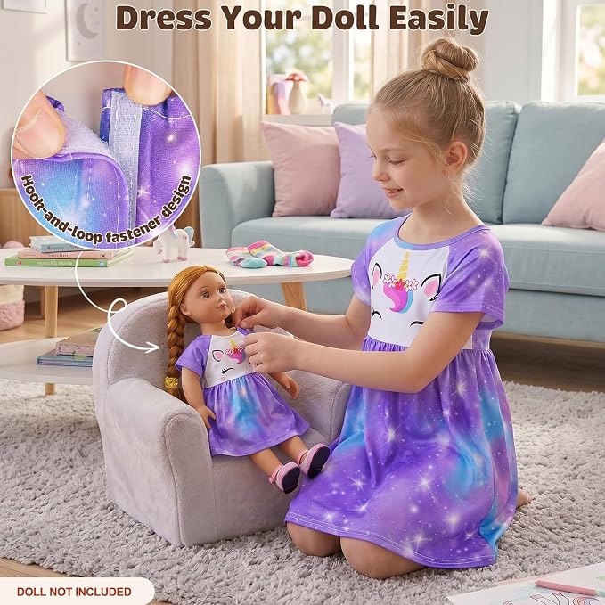 Play Tailor Doll and Girl Matching Nightgown Unicorn Outfit Pajamas Night Dress for Girls and 18" Dolls Clothes