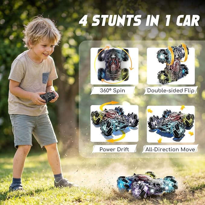 Spider Gesture Sensing Remote Control Car Toys Birthday Gift for Boys 3 4 5 6 7 8 9 10 11 12, Double Sided RC Cars with Full-Body Light, 2.4GHz Hand Controlled Rechargeable RC Stunt Car - Black