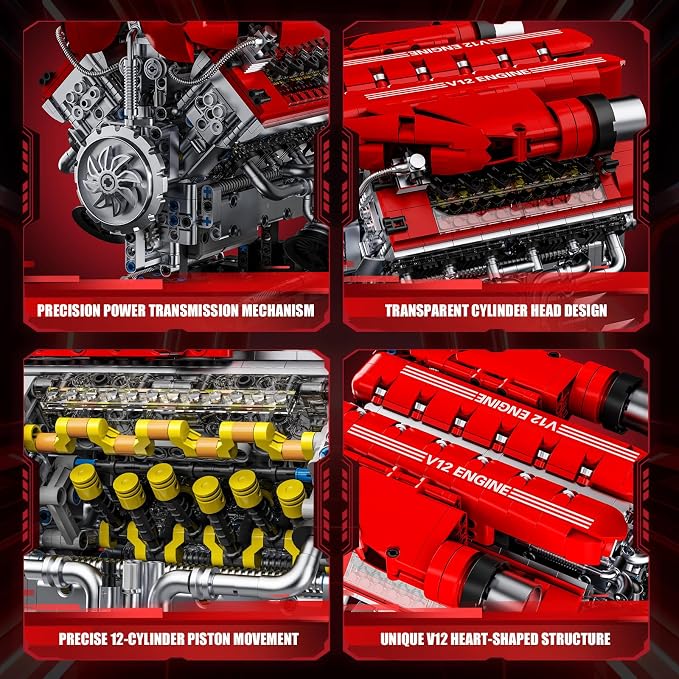 V12 Engine Model Kit That Runs, 12-Cylinder Sports Car Engine Building Set with Rechargeable Motor, Compatible with Lego for Adults, Engineering Construction STEM Toy for Teens (1607 PCS)