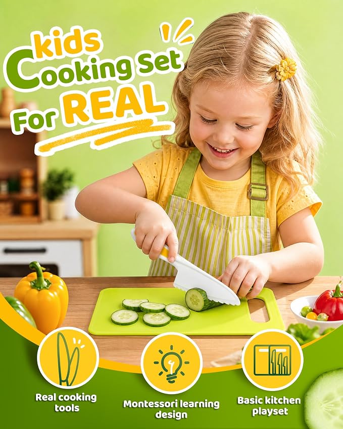 Kids Knife Set for Real Cooking, 5 Pcs Kid Safe Plastic Kitchen Knife Set with 3 Knives and 2 Cutting Boards, Montessori Cooking Set for Kids