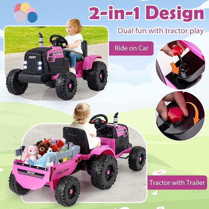 Costzon 24V Ride on Tractor with Detachable Trailer, Kids' Electric Vehicles with 3 Speeds, 15° Climbing, Wireless Design, Horn & Music, Remote Control Tractor Toy for Kids 3+,Gift (24V, Dark Pink)