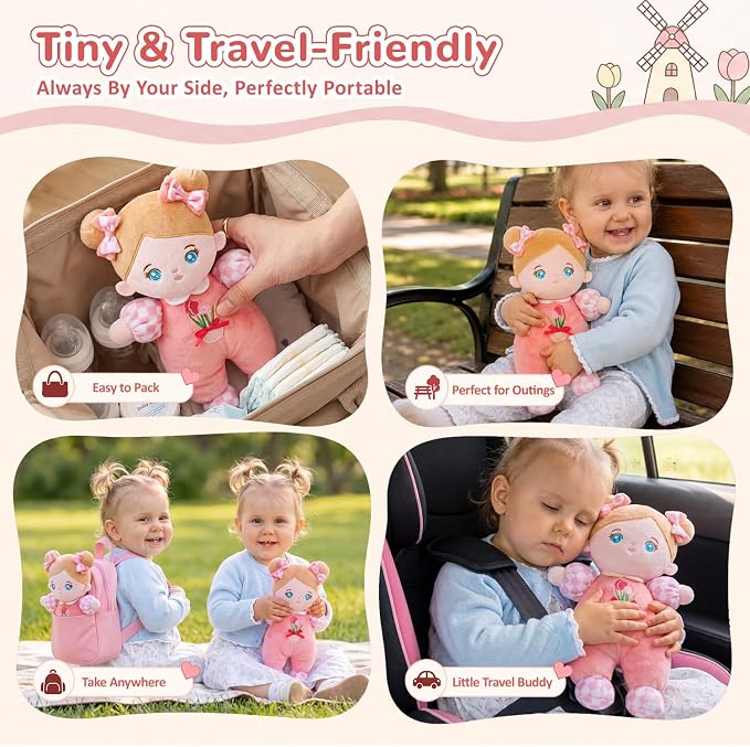 OUOZZZ Soft Baby Doll 10" Tulip Pink - First Birthday Toys for 1 Year Old Girl, Ideal 1 Year Old Girl Gifts & Baby Girl Gifts, Snuggle Buddy for Infants