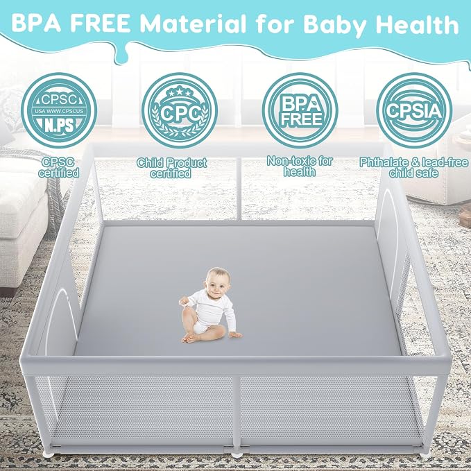 Fshibila 79" ×79" Extra Large Baby Playpen, Baby Playard for Babies and Toddlers, BabyFence Play Pens for Indoor & Outdoor, Sturdy Safety Play Yard with Soft Breathable Mesh, Anti-Fall, Grey