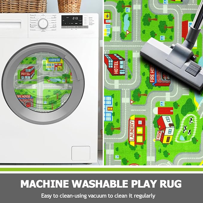 Capslpad Green Car Road Kid Rug Carpet Playmat for Playoom Traffic Road Kids Play Mat for Toddler Non Slip Washable City Map Race Track Carpet Rug for Kids Room Playroom Classroom Decor,6.6'x9.8'