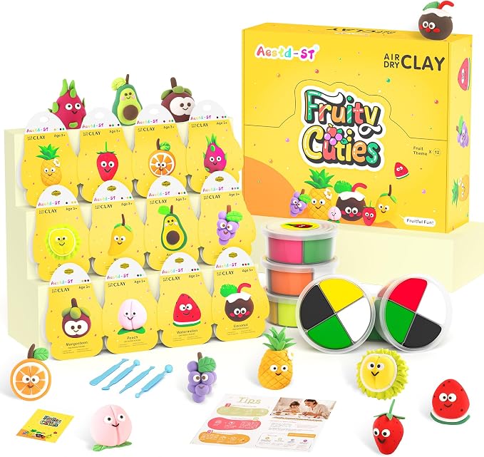 Air Dry Clay Kit - Fruit Theme, Modeling Clay for Kids, DIY Magic Clay with Sculpting Tools and Tutorials, 12 Boxes Molding Clay, Ultra Light, Soft & Non-Sticky, Arts and Crafts Gift for Kids