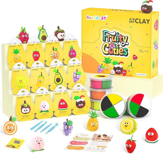 Air Dry Clay Kit - Fruit Theme, Modeling Clay for Kids, DIY Magic Clay with Sculpting Tools and Tutorials, 12 Boxes Molding Clay, Ultra Light, Soft & Non-Sticky, Arts and Crafts Gift for Kids