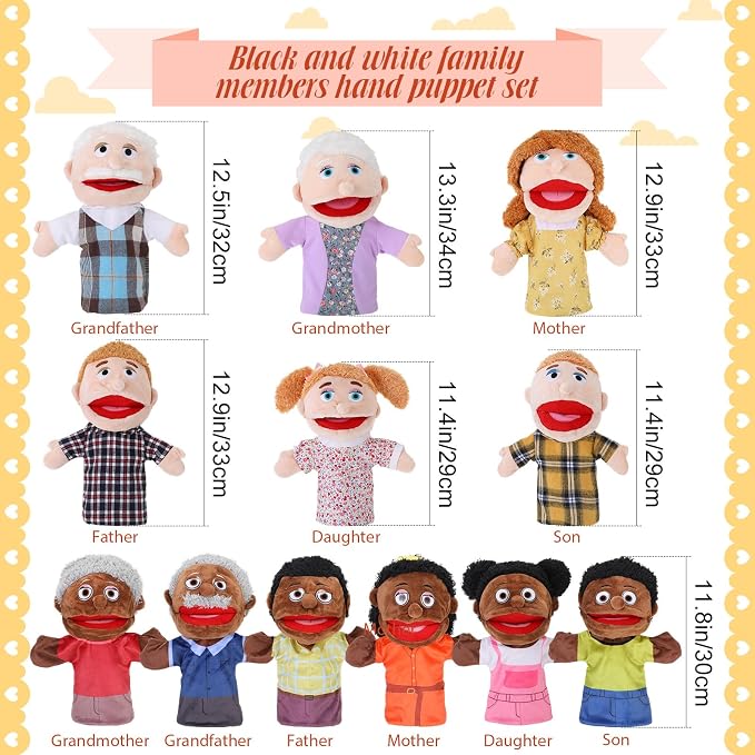 Shappy 12 Pcs Family Hand Puppets 12 Inch Grandparents, Mom & Dad, Brother & Sister, Son Daughter Plush Hand Puppet Toys Role-Play Toy Gifts for Christmas Kids Storytelling School Teaching