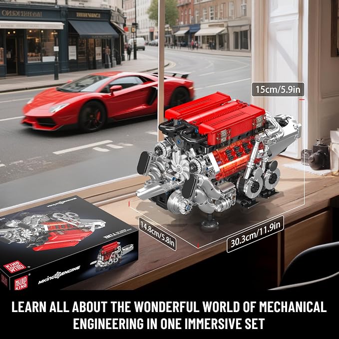 Mould King W16 Engine Building Blocks Set, 10163 Combustion Engine Model that Runs, Mini Engine Build Kit for Adults with Battery and Motor, Engineering Construction STEM Toy (952 Pcs)