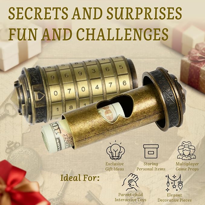wellsee Cryptex Da Vinci Code Numeric Lock-Metal Puzzle Boxes with Hidden Compartments-Money Box for Cash Gift-Unlock Games for Adults-Creative Holiday Birthday for Woman & Men-Pink