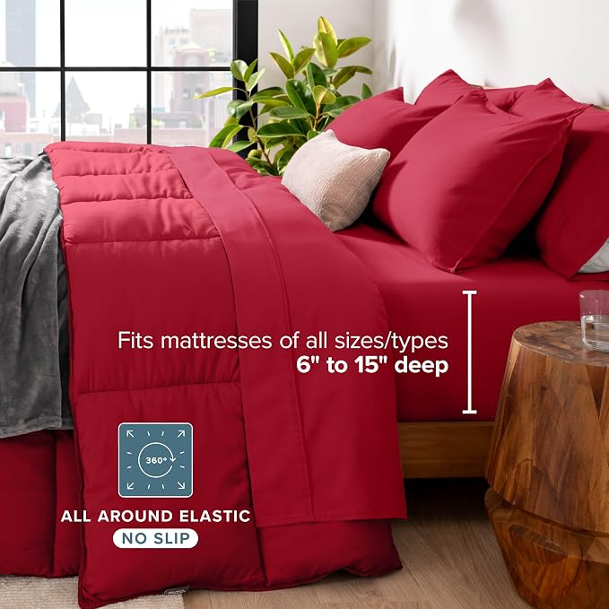 Bare Home Bed-in-A-Bag 7 Piece Comforter & Sheet Set - Queen - Goose Down Alternative - Ultra-Soft 1800 Premium - Bedding Set (Queen, Red/Red)