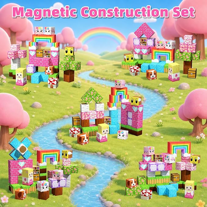 Magnetic Blocks, 48PCS Magnetic Building Cube Set for Kids Ages 3+, Constructions STEM Stacking Tiles Toy Building Birthday Gifts for Girls