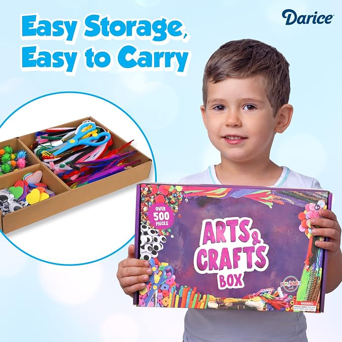 Darice Arts and Crafts Kit - 500+ Piece Kids Craft Supplies & Materials, Art Supplies Box for Girls & Boys Age 4 5 6 7 8 9