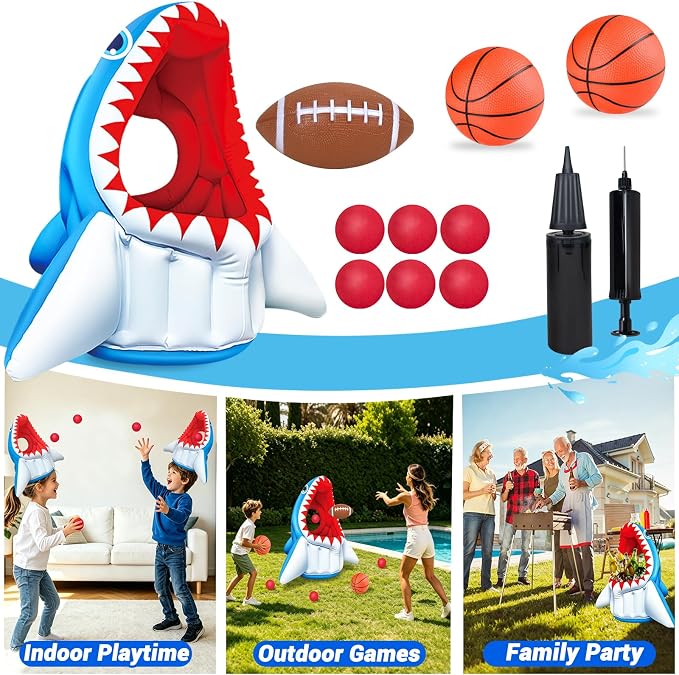 Shark Pool Toys, 3-in-1 Inflatable Pool Floats Basketball & Football & Head Hoop Swimming Pool Games, Summer Outdoor Water Games Beach Family Party Gift for Kids Boys Girls