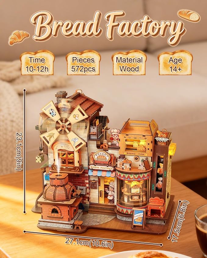 CUTEBEE 3D Wooden Model Building Kit Music Box - DIY Diorama Kit with LED Light, Music, Atomization Smoke, Type-C Power & 360° Rotating Display, Home Decor, Gifts for Teens & Adults (Bread Factory)