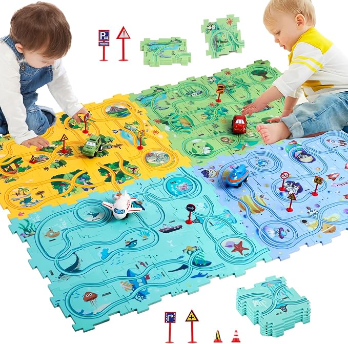 100PCS Puzzle Racer Kids Car Track Set Puzzle Racer Car Track Set with Roadmap Puzzle Track Car Play Set Toy for Kids 3-8 Years Old - 4 Style