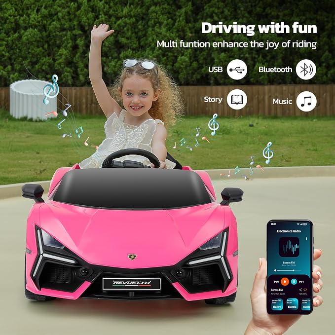 ELEMARA Licensed Lamborghini Ride On Car with Scissor Door,Electric car for Kids with Remote Control,12V Kids Car with Bluetooth,LED Light,MP3 Player and Wide Seat(Pink)