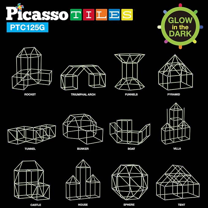 PicassoTiles Glow-in-The-Dark Indoor Outdoor Tunnel Tent Kids Fort Building Kit Playhouse for Boys & Girls Ages 3+ STEM Construction Toy Creative, Imaginative Play, and Problem Solving Skills PTC125G