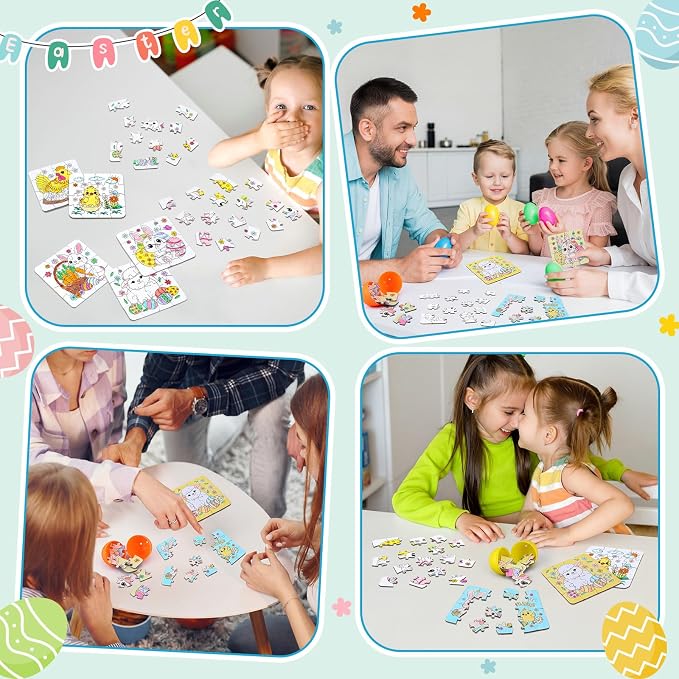 Realspring 24 Set Easter Eggs Jigsaw Puzzle for Kids Egg Hunt Game 24 Mini Bunny Puzzles DIY Coloring Paper Jigsaw Easter Eggs Basket Stuffers Fillers for Party Favors Classroom Exchange Reward School